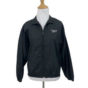 Vintage Reebok Windbreaker Womens M/L Black Full Zip Big Logo Jacket 90s *READ